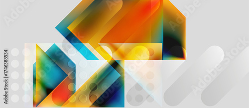 Abstract geometric shapes overlap, creating vibrant color gradients. Design features translucent layers, circles, plus sharp angles.