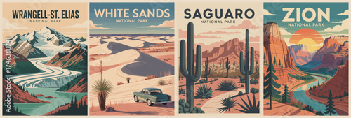 Set of retro USA National Parks travel posters in mid-century modern style featuring Zion, White Sands, Saguaro, and Wrangell–St. Elias. 