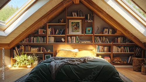 Rustic attic bedroom with bookshelves