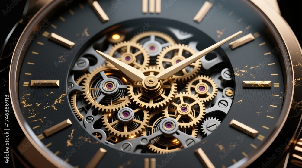 Obraz premium a close up of a watch with a black dial and gold hands, featuring intricate gears in the center The watch is set against a dark background, giving it a luxurious a