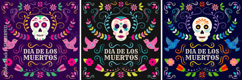Set of square vector Day of the Dead banners featuring sugar skulls and patterns. Design for greeting cards, social media, and print.