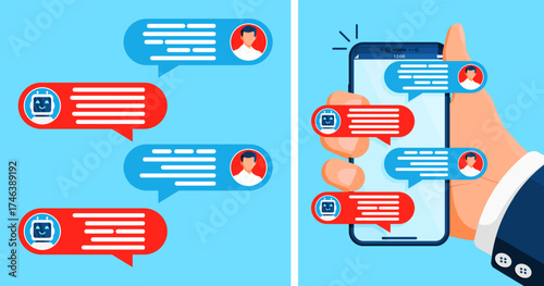 Man hand holds phone with chat message bubbles. Online conversation with robot chatbot and human agent. Customer support and artificial intelligence concept.