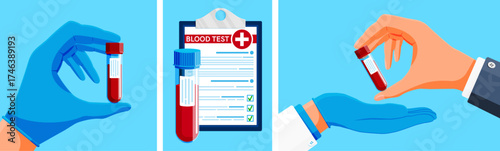 A set of three flat illustrations depicting medical blood test procedures and results. Health diagnostics and laboratory examination concept.