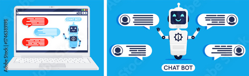 Laptop displaying chat bot with message bubble. Automation and artificial intelligence concept. Digital customer support technology.
