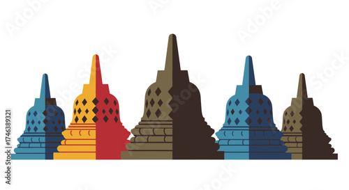 Stylized Colorful Buddhist Temples in Vector Illustration Isolated on White.