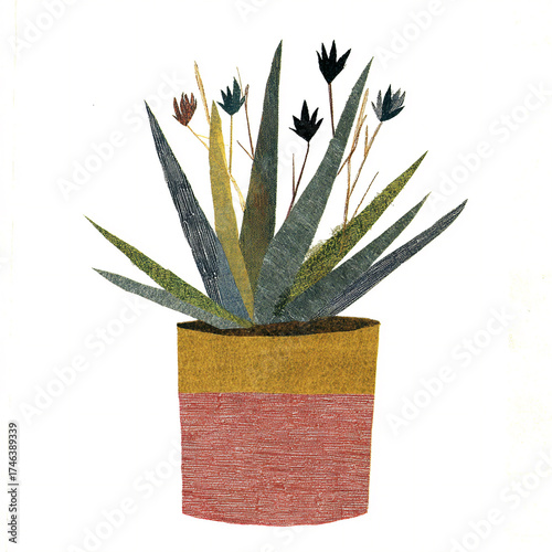 Potted Aloe - A spiky plant rising stiffly from a cylindrical planter in white background -# Create