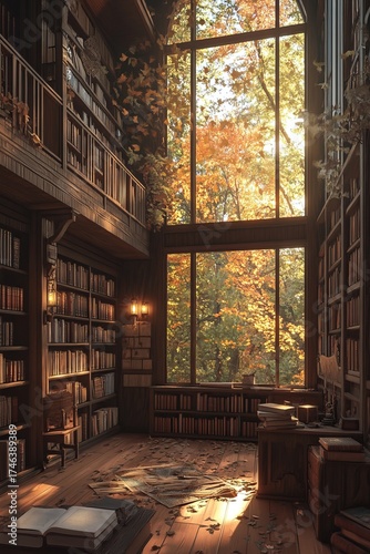 This serene library features warm wooden shelves filled with books, illuminated by sunlight streaming through a large window, showcasing vibrant autumn foliage outside.