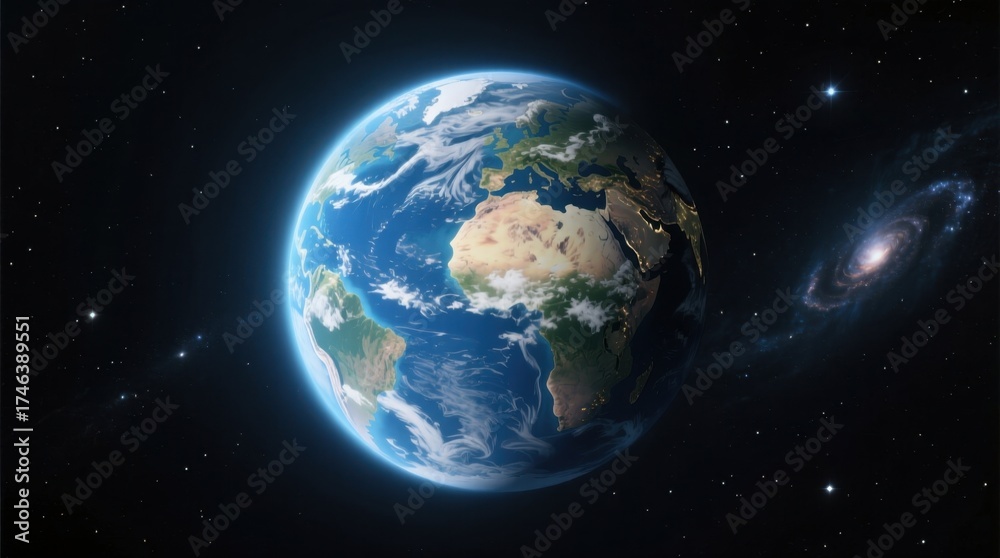 Fototapeta premium the earth in space with a spiral galaxy in the background, surrounded by stars in a dark space The image is animated, giving the impression of movement and life