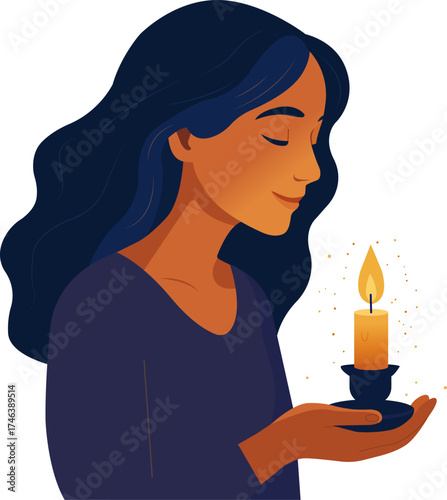 Vector illustration of a woman gently holding a burning candle, symbolizing peace, warmth, and mindfulness. Calm and reflective atmosphere with glowing light and serenity.