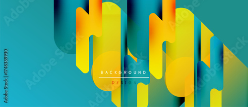 Abstract vibrant design. Geometric shapes overlap, creating dynamic visual effect. Colors blend smoothly, offering modern aesthetic.