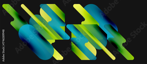 Abstract composition features overlapping translucent shapes. Vibrant blues, greens create dynamic visual effect. Modern design, gradient colors.
