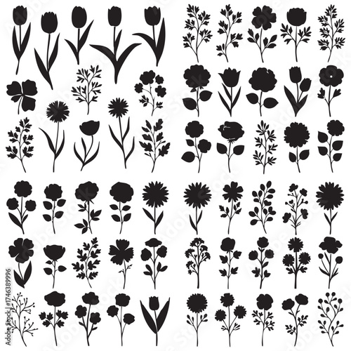 Silhouettes various stylized botanical vector format.