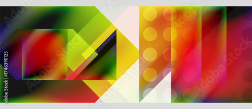 Abstract composition. Vibrant colors blend, forming geometric shapes. Dynamic interplay creates modern visual experience.