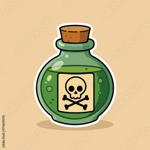 Illustration of a cute green poison bottle on a brown background, suitable for stickers.