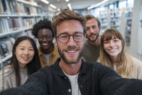Wallpaper Mural Group of diverse young adults smiling together in a library, showcasing camaraderie and friendship, with bookshelves filled with literature in the background Torontodigital.ca
