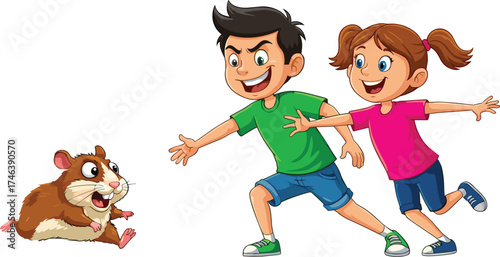 hildren chasing hamster, cartoon boy and girl running excitedly, playful pet interaction, childhood fun, emotions, movement, friendship, lively illustration, animals