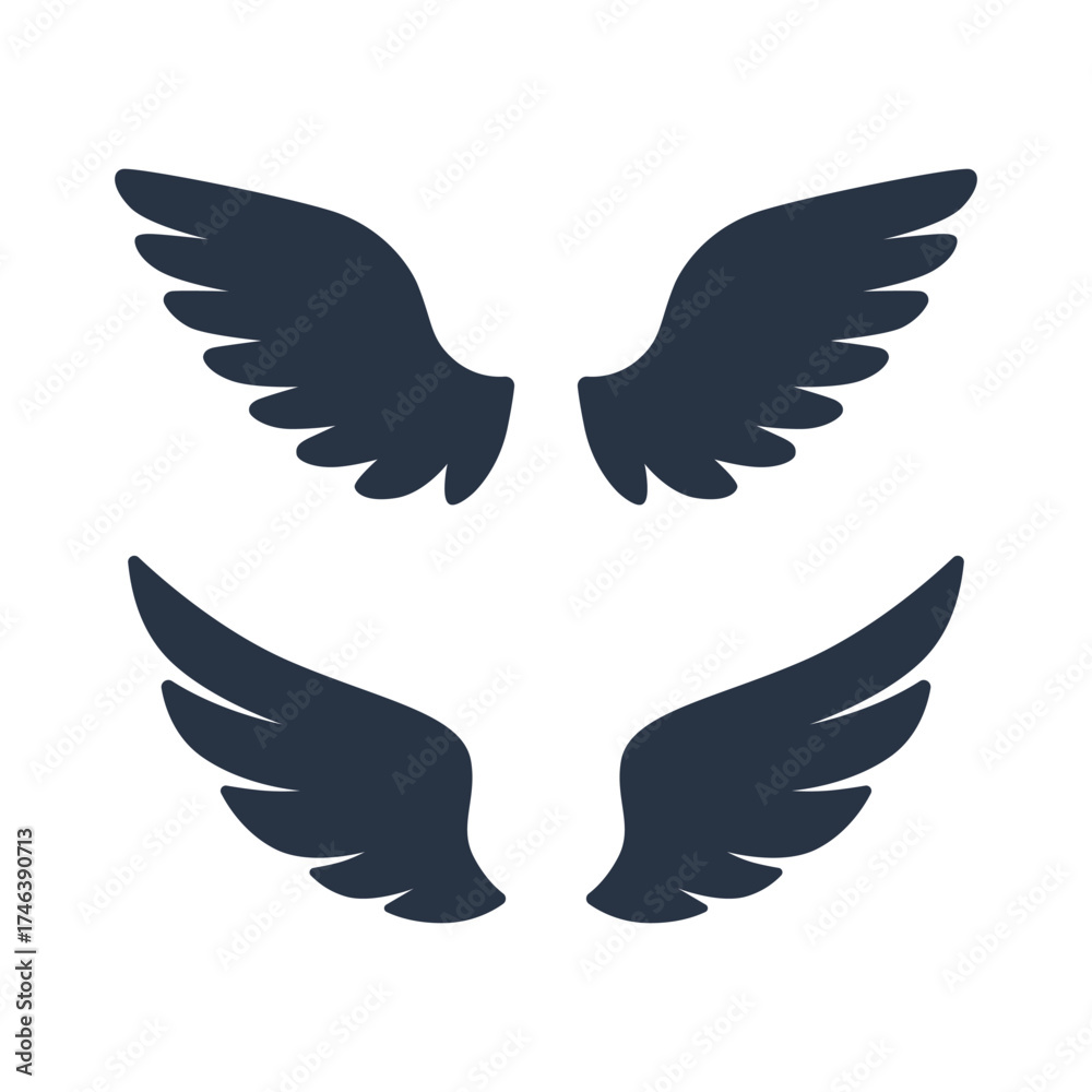 Fototapeta premium black wings vector silhouette, angel wing tattoo design, bold wing icon logo, flying wings graphic solid, gothic wings vector illustration