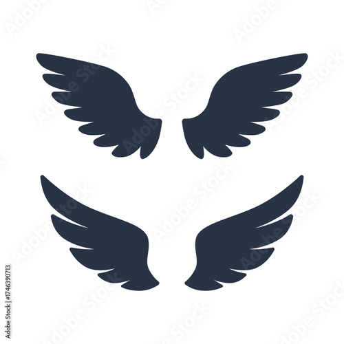 black wings vector silhouette, angel wing tattoo design, bold wing icon logo, flying wings graphic solid, gothic wings vector illustration
