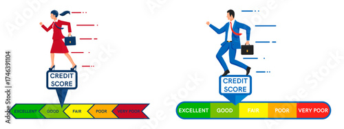 Woman and man with briefcase running on credit score meter. Financial rating, loan and mortgage approval concept. Business assessment illustration.