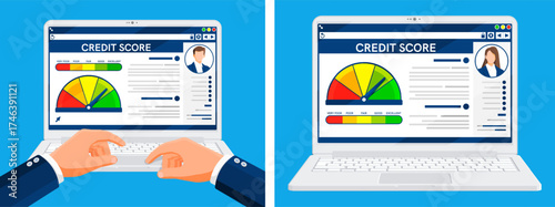 Man and woman checking credit score on laptop. Credit rating application form on computer screen. Financial health concept for loan approval process.