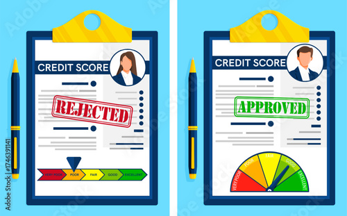 Credit score document for woman and man with rejected and approved status. Financial rating and loan application concept.