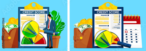 Man checks credit score on document with magnifier. Financial data analysis and good banking standing. Business finance and loan application.