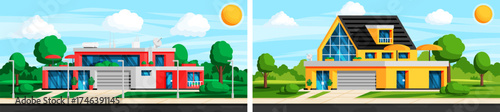 Modern suburban house and villa exterior design. Contemporary family home or cottage building concept. Flat style vector illustration.