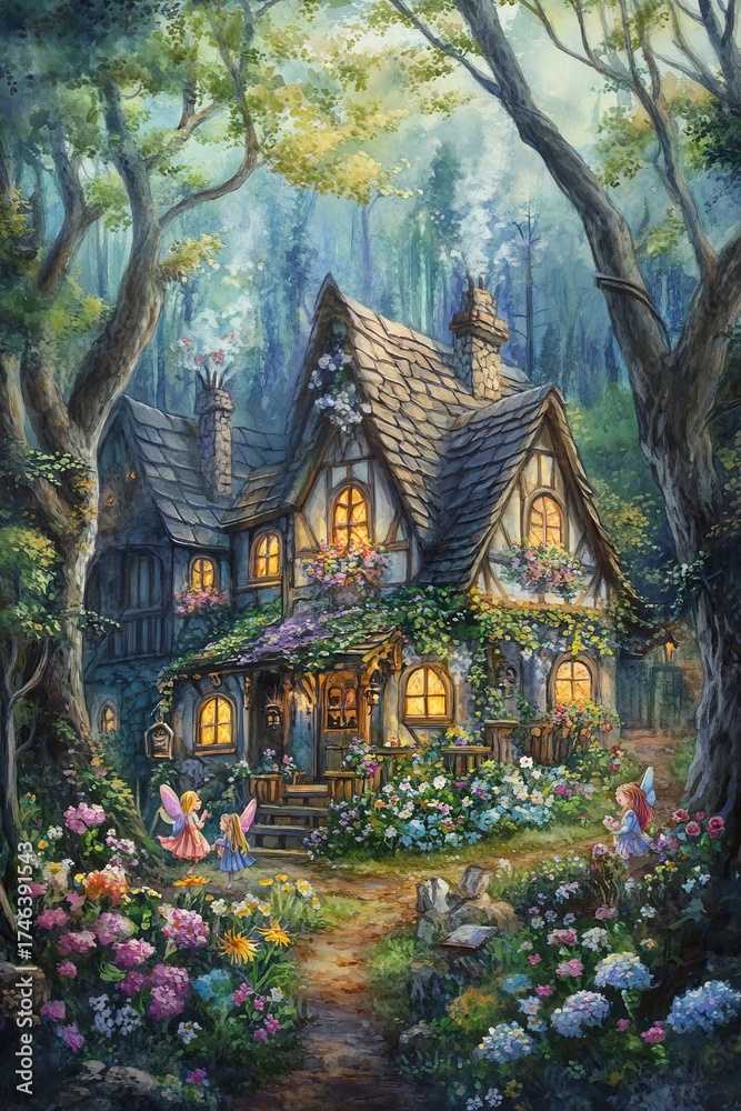 Obraz premium Discover a charming fairy cottage nestled in a vibrant forest, surrounded by blooming flowers and enchanting fairies. A whimsical escape into nature's beauty.