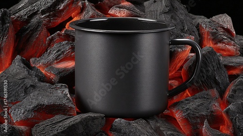 Bold black mug surrounded by glowing charcoal embers for a rustic and fiery branding presentation or outdoor camping lifestyle promotion