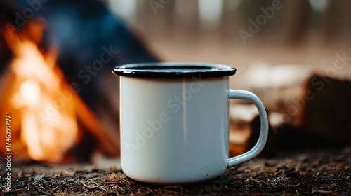 Cozy enamel mug sits near a warm campfire during a peaceful outdoor adventure, evoking relaxation and rustic charm.