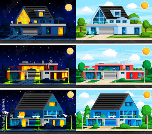 Modern house collection, building exterior day and night view. Flat style set illustration for real estate design.