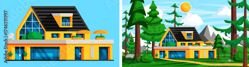 Modern cottage house with nature landscape. Suburban home property exterior design or vacation rental concept. Flat style vector.