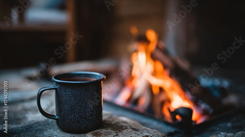 Cozy enamel mug of warm beverage steams beside crackling campfire, evoking comfort and relaxation on a cool evening.