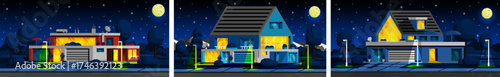 Modern house at night with bright windows. Cozy home with full moon and stars. Residential building for family living.
