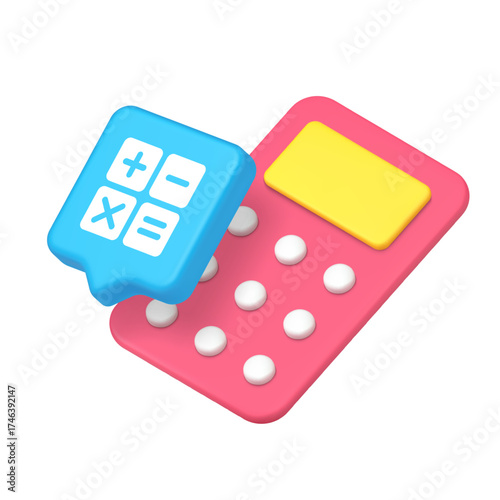 Pink calculator with yellow screen and white buttons paired with blue icon showing math symbols including plus, minus, multiply, and equal. 3d icon realistic vector illustration
