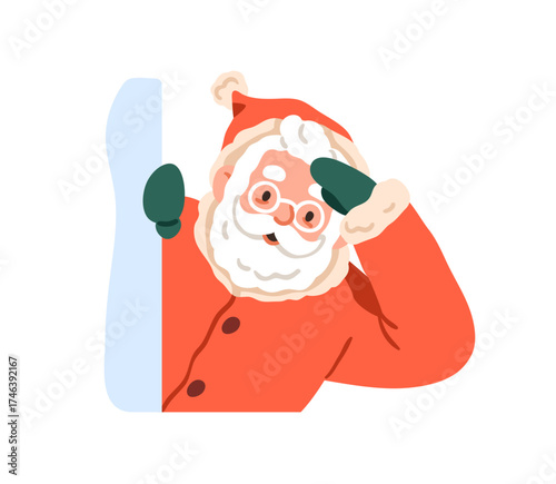 Santa Claus peeking out, searching and looking. Cute funny Christmas and New Year holiday character with hand at forehead, peeping from behind. Flat vector illustration isolated on white background