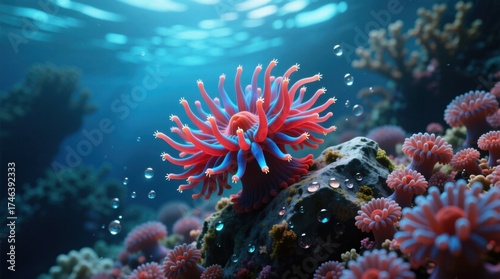 Fototapeta Naklejka Na Ścianę i Meble -   a vibrant coral reef with a variety of sea anemones and other marine plants, as well as a few bubbles floating in the water The colors of the coral and plants are