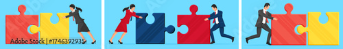 Business people moving giant puzzle piece. Woman and man connecting jigsaw element. Partnership, teamwork, solution concept.