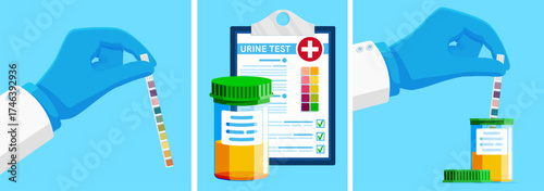 Doctor performing urine test. Medical lab worker holding dipstick. Urinalysis, health checkup and diagnostic concept for clinic or laboratory.