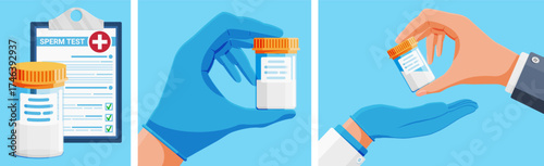 Man doctor hand in blue glove holds medicine bottle. Sperm test form on clipboard. Medical male infertility checkup process.