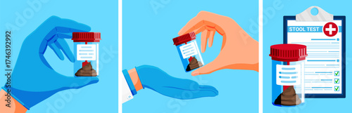 Doctor hand in glove holding stool sample container. Patient giving feces for laboratory analysis. Medical diagnosing, healthcare concept.