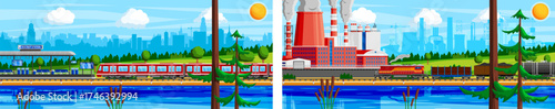 City life with modern railway station and green park versus industrial site with factory and freight train next to a lake.