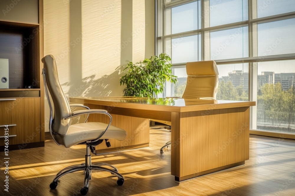 Fototapeta premium Large wooden desk with a plant on it and a white chair. The room is well lit and has a professional atmosphere