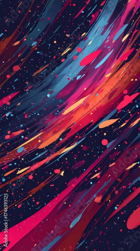 Abstract background with dynamic paint  drops and colorful streaks, cosmic energy motion art
