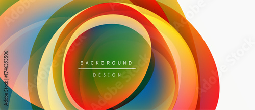 Abstract colorful layers create dynamic circular design. Vibrant hues blend, forming modern background element. Text reads background design.