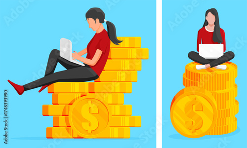 Woman earning money online, freelancer concept. Woman working remotely with laptop. Passive income and financial freedom.