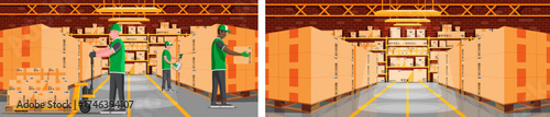 Men working in warehouse. Logistic and delivery service. Storage room with boxes on rack. Cargo and shipping.