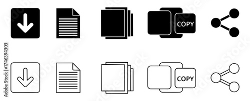Vector collection of black and white icons representing download copy document share