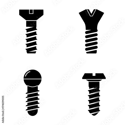 Vector illustration showing four different types of screws in black and white color