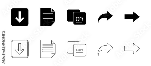 Vector illustration of download document copy and share icons in black and white style